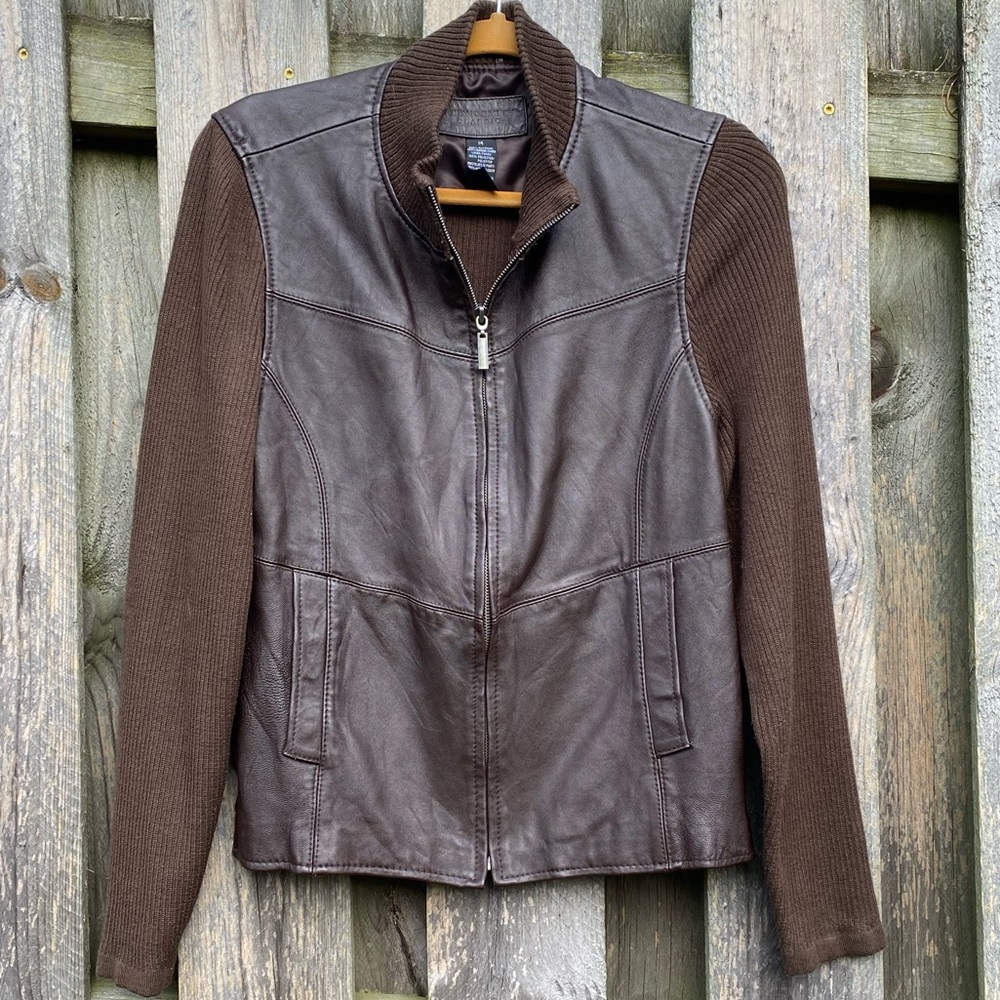 Vintage Jaclyn Smith brown Leather and Knit Sweater Jacket size 14